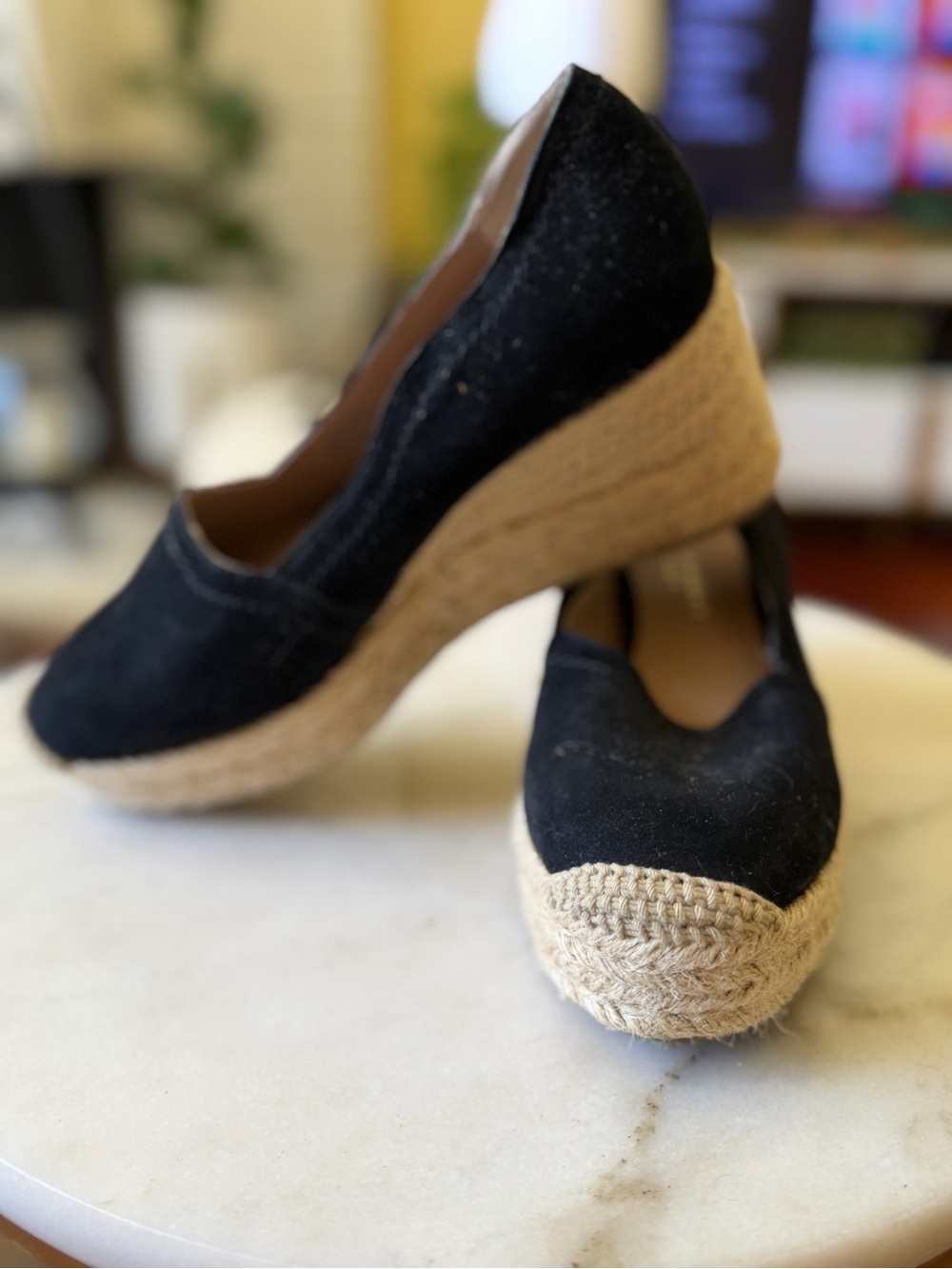 bettye muller Black Espadrille Wedge Pumps with Natural Jute Platform